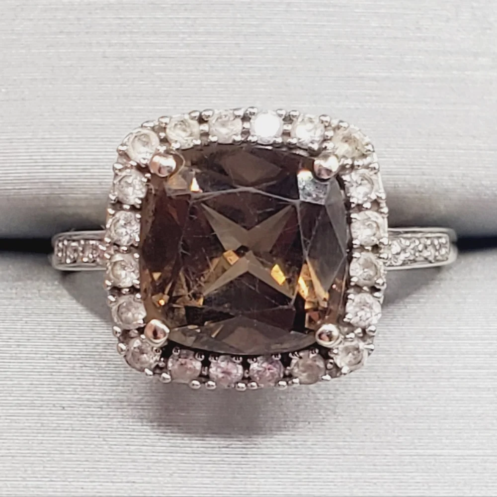 10K Solid White Gold Smoky Quartz, Diamond & White Topaz Halo Ring